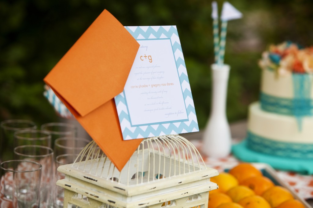 tangerine and teal wedding invitation
