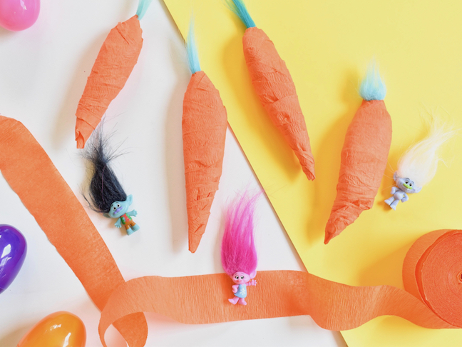 DIY trolls surprise carrots with crepe paper-dreamworks trolls world tour