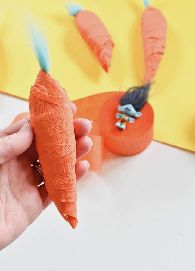 DIY trolls surprise carrots with crepe paper-dreamworks trolls world tour